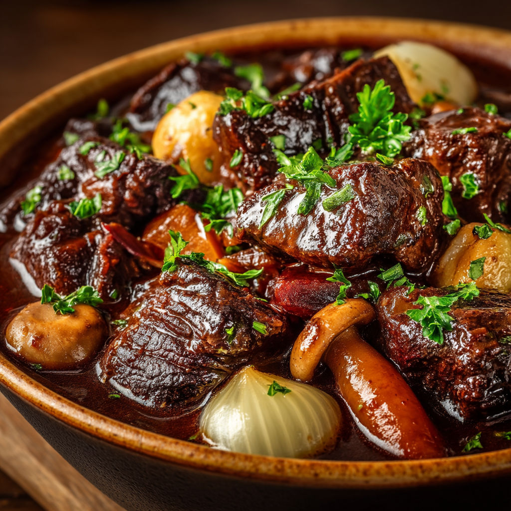A bowl of beef stew with onions and mushrooms.