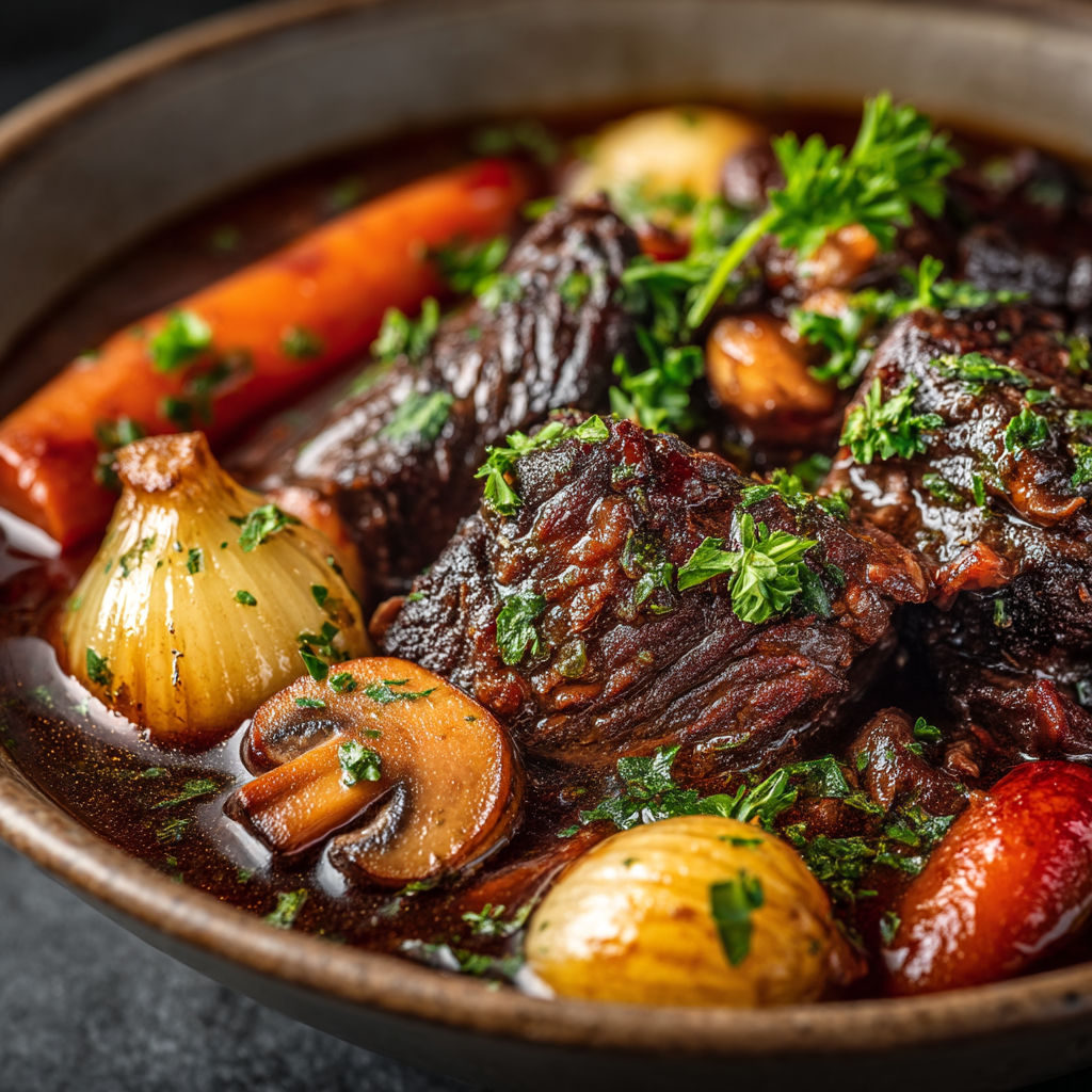 A bowl of beef stew with vegetables.