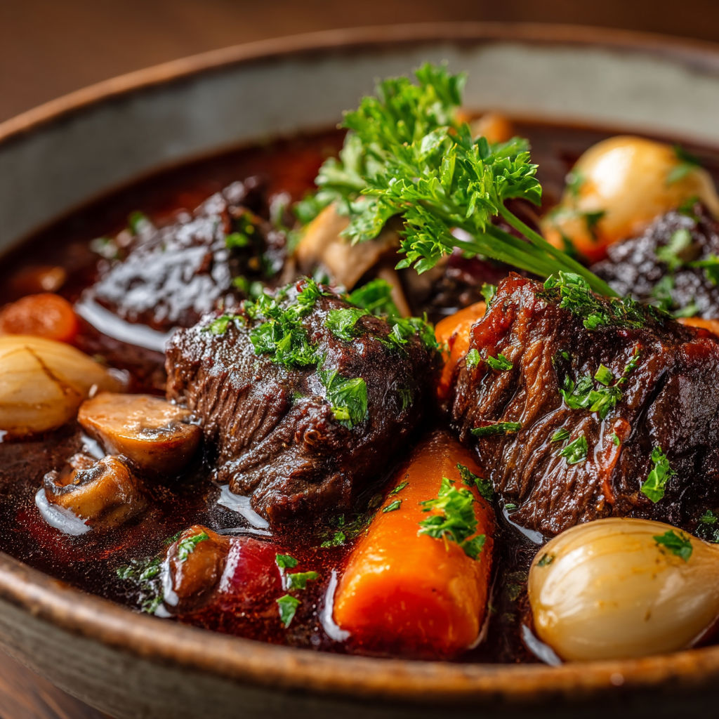 A bowl of stew with meat and vegetables.
