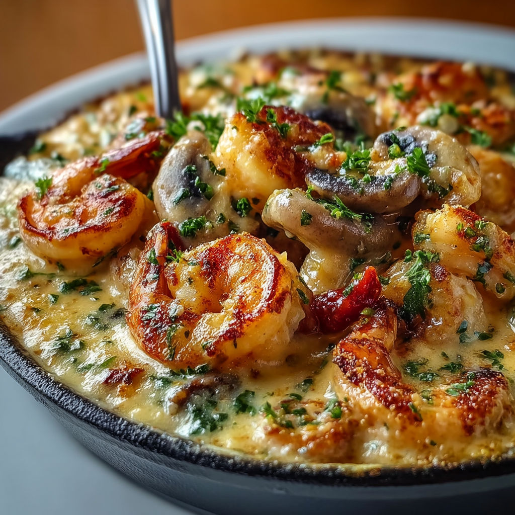 A dish of shrimp and mushrooms.