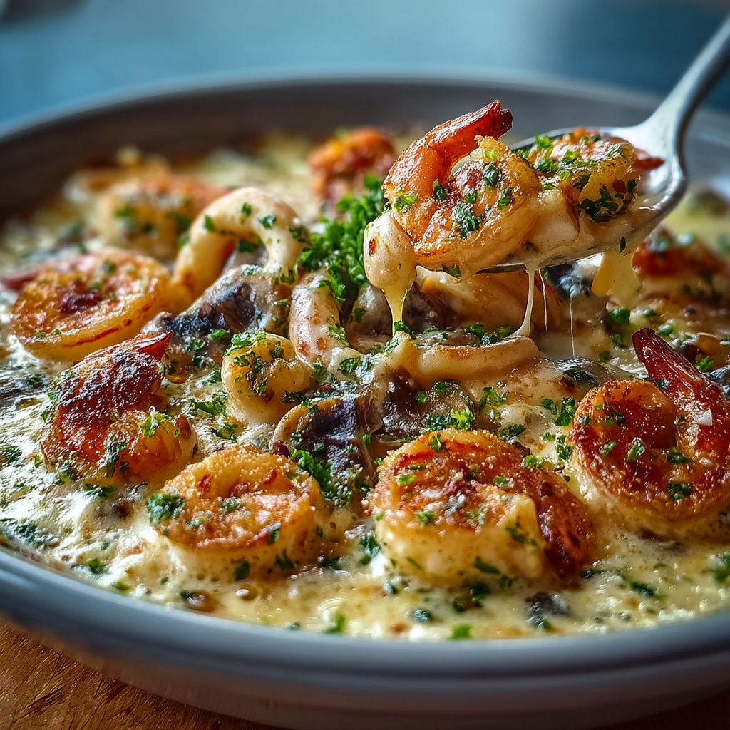 A bowl of shrimp and mushrooms with a spoon in it.