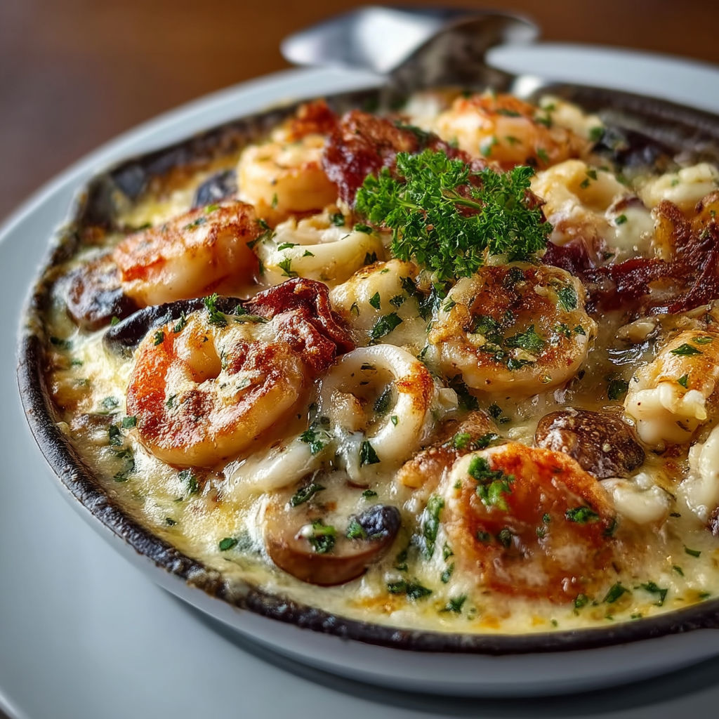 A plate of food with shrimp, mushrooms, and other ingredients.