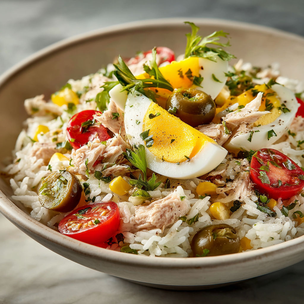 A bowl of rice, eggs, tomatoes, and chicken.