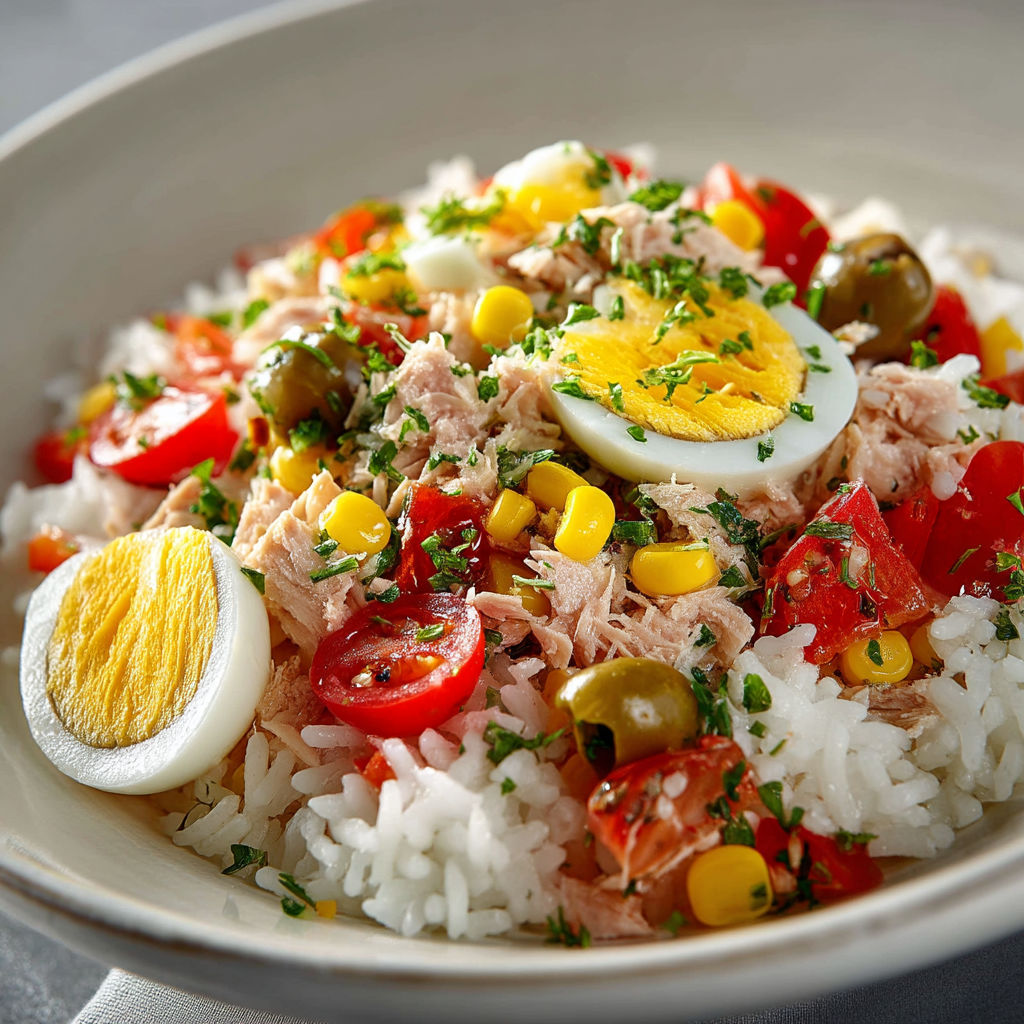 A bowl of food with rice, eggs, tomatoes, corn, and chicken.
