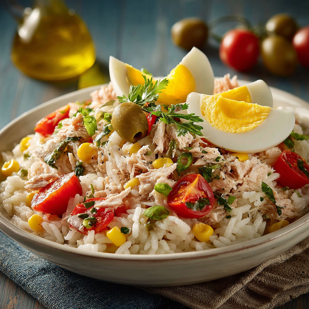 A bowl of rice with chicken, tomatoes, and eggs.
