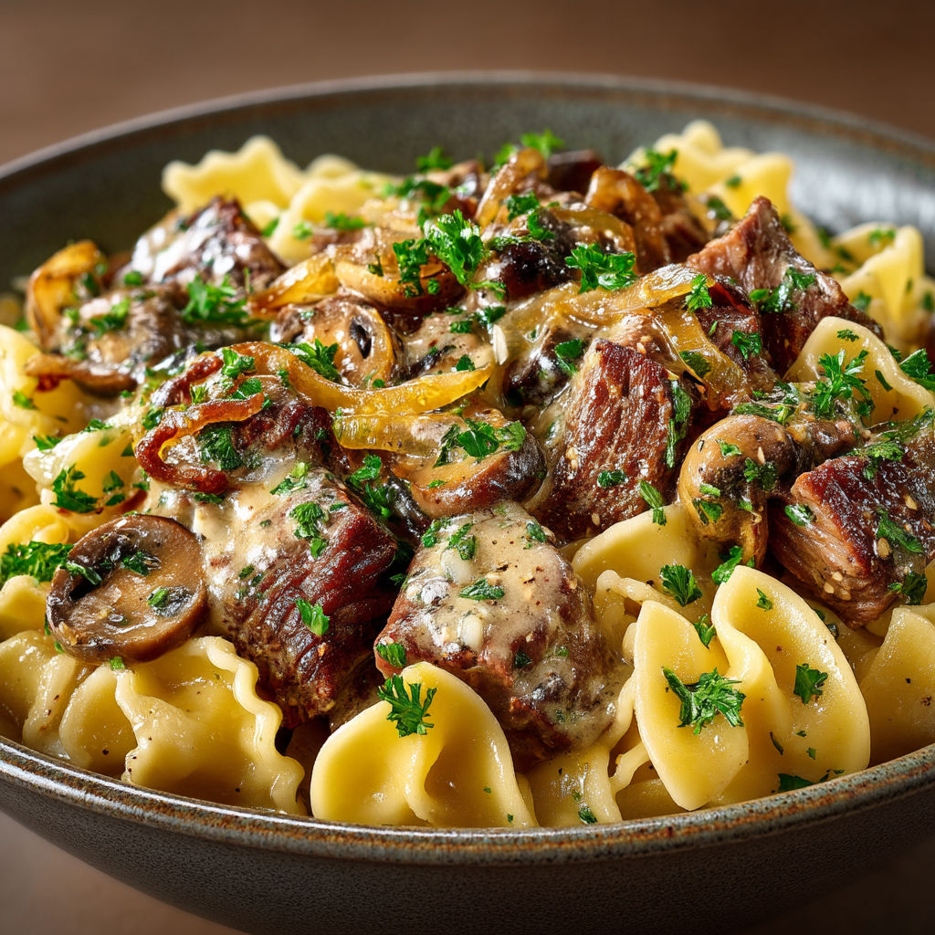 A bowl of pasta with meat and mushrooms.