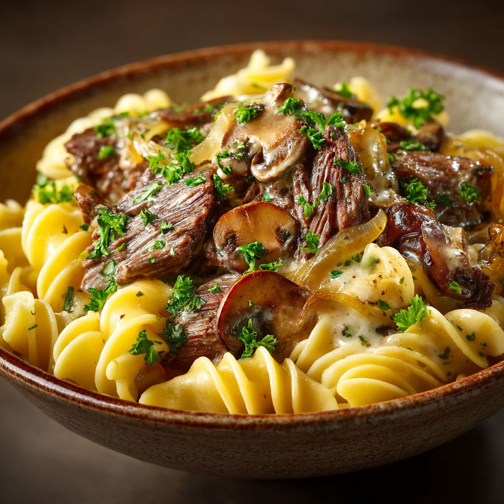 A bowl of pasta with meat and mushrooms.