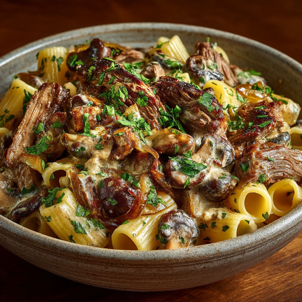 A bowl of pasta with meat and mushrooms.