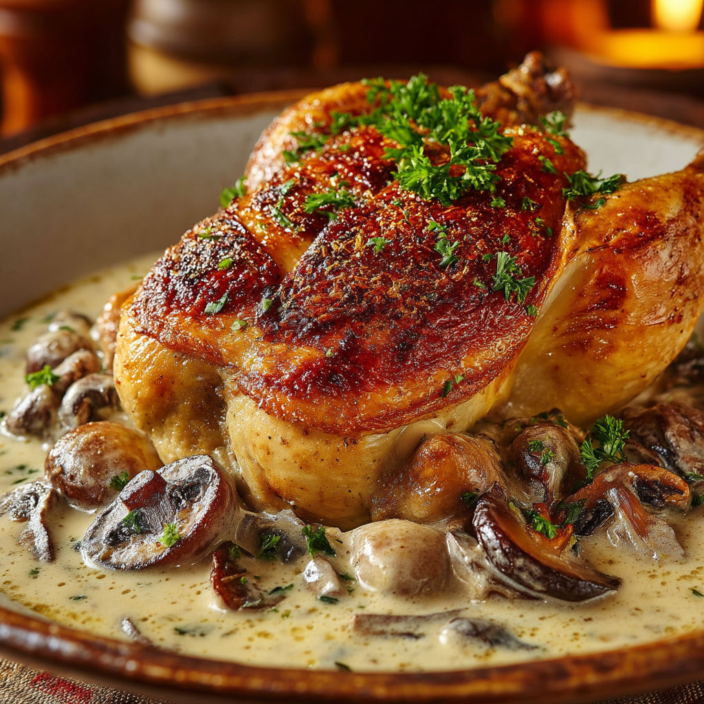 A plate of food with chicken, mushrooms, and cream sauce.