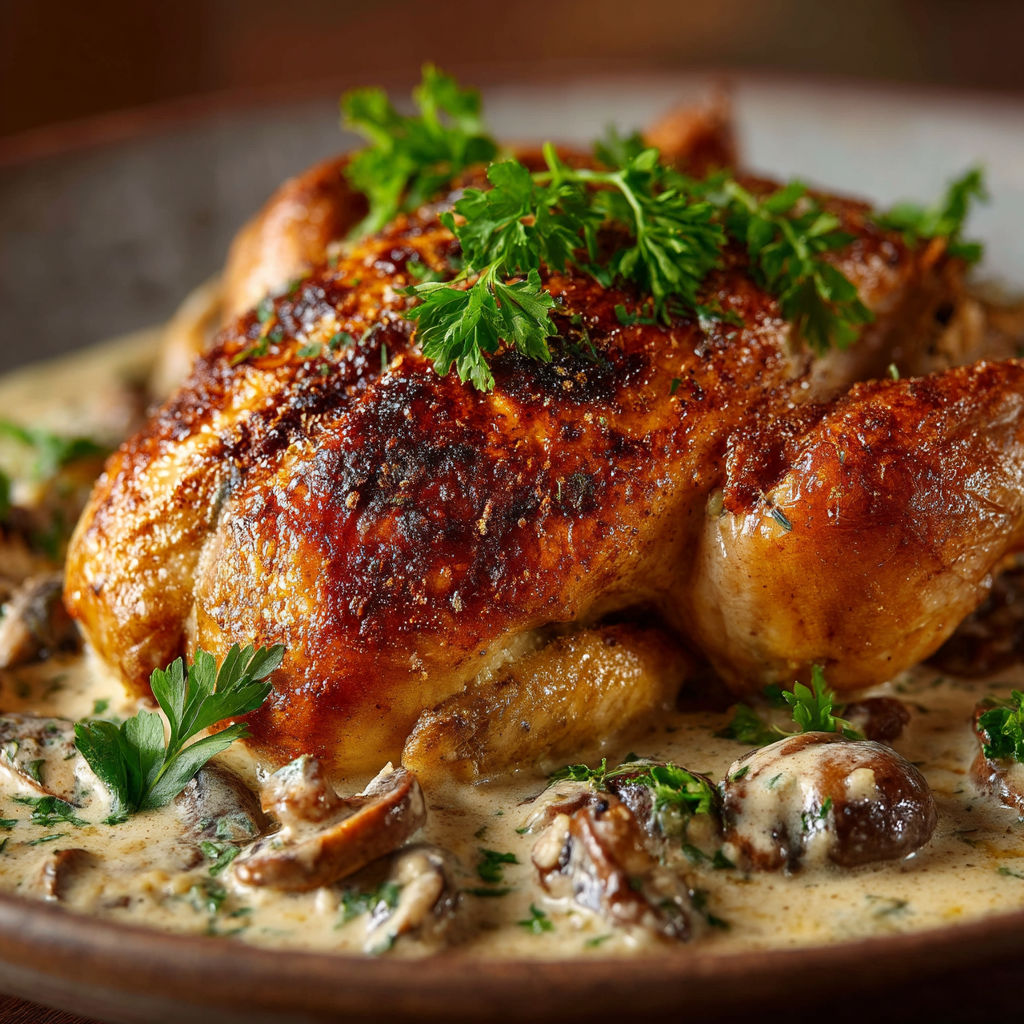 A chicken with mushrooms on top.