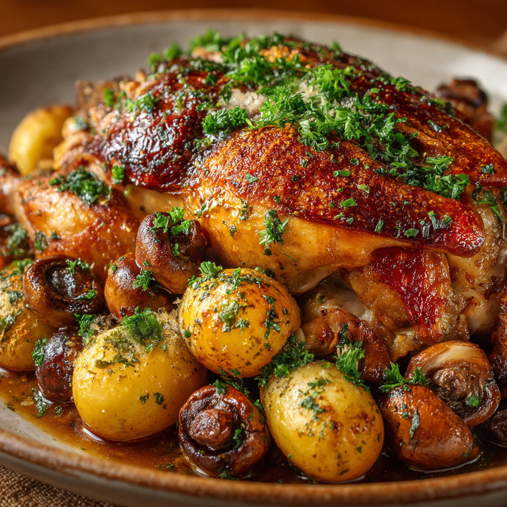 A plate of food with a chicken and mushrooms.