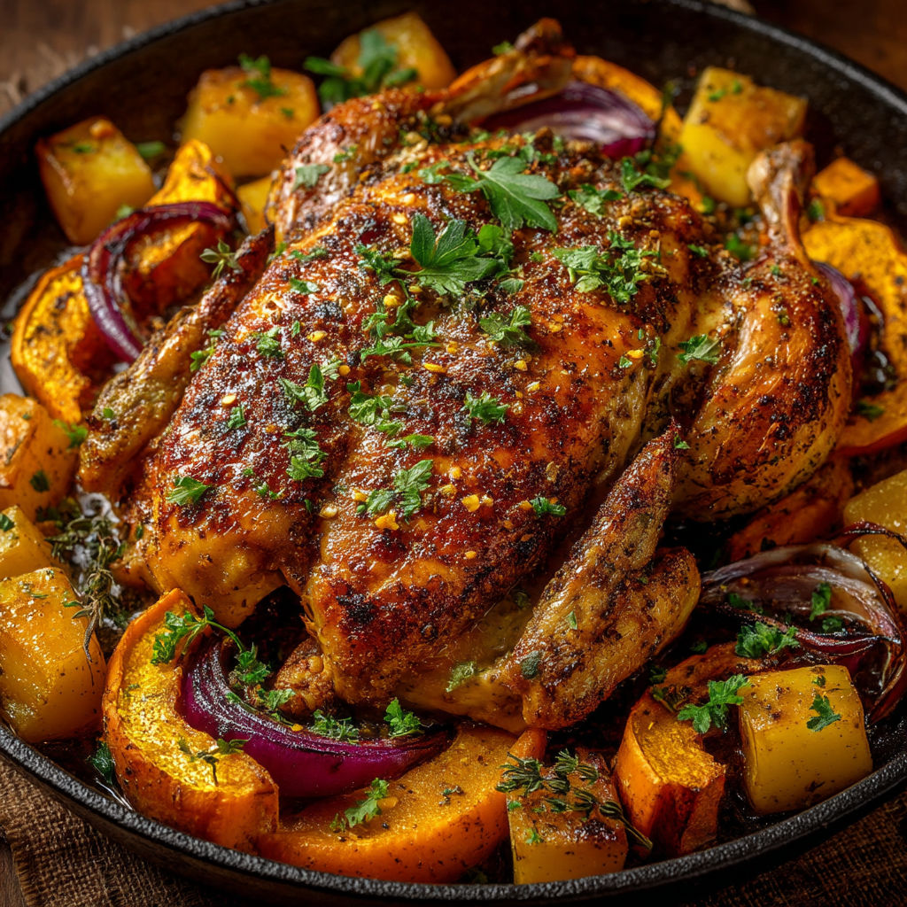 A roasted chicken with vegetables and spices.
