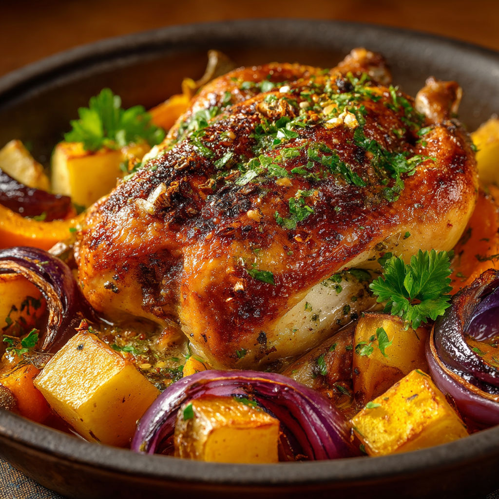 A close up of a roasted chicken with herbs and vegetables.