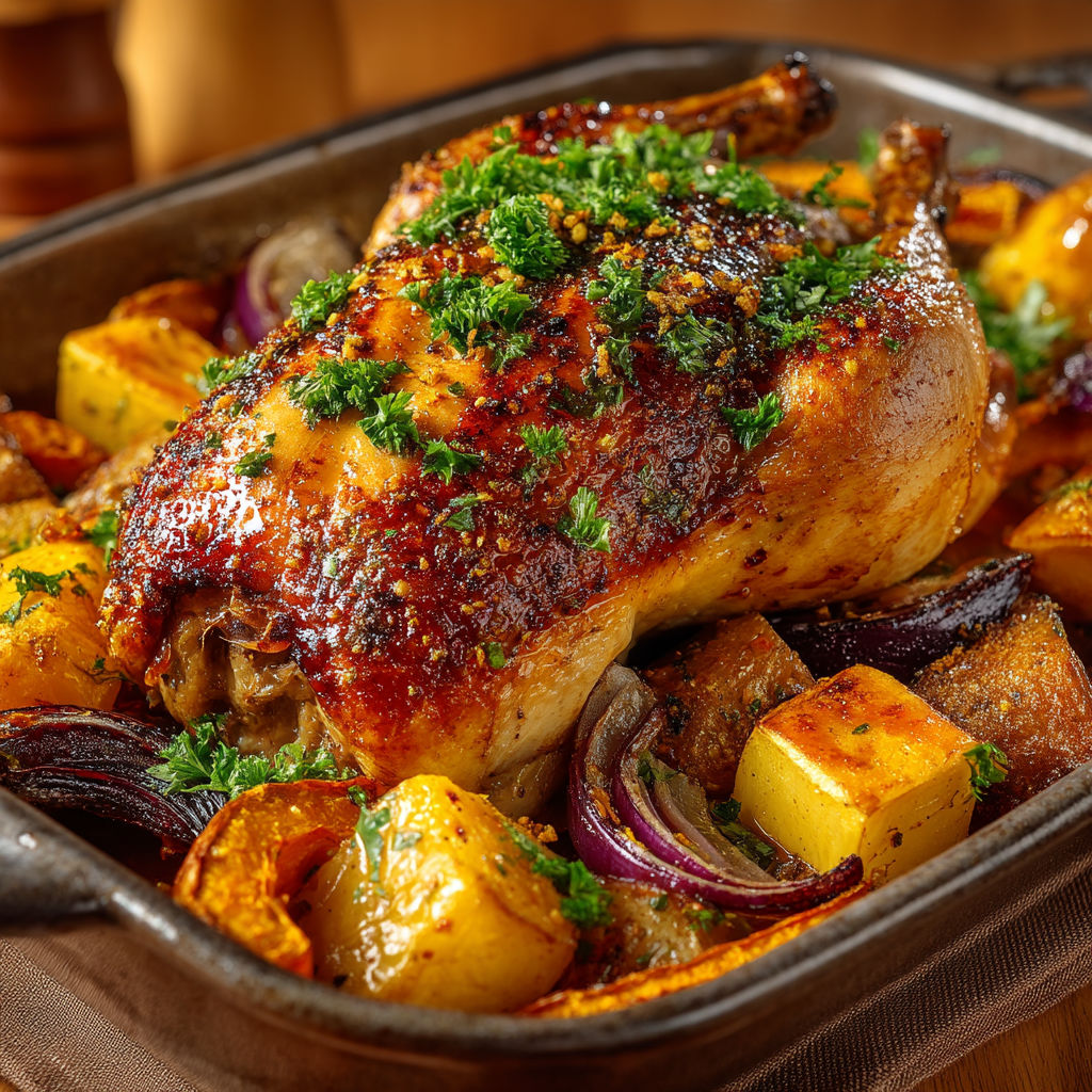 A roasted chicken with vegetables.