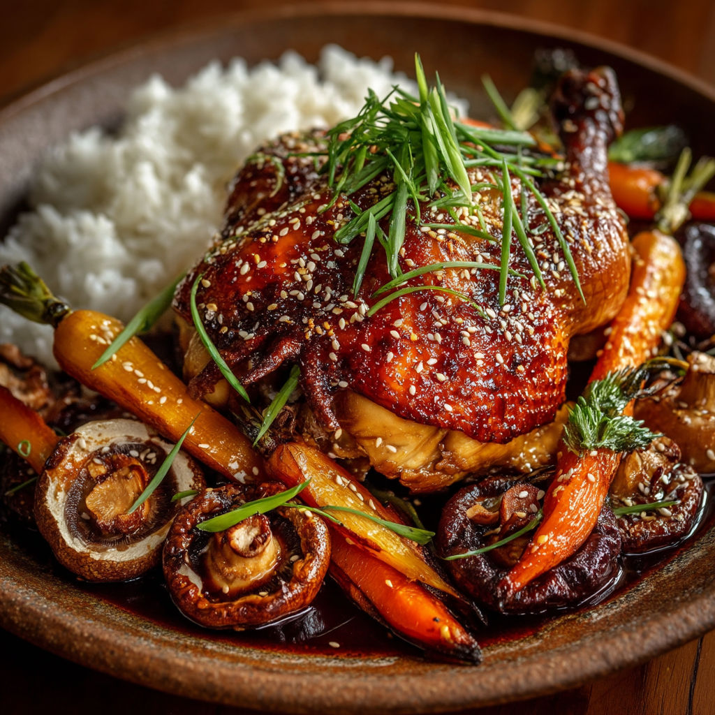 A plate of food with rice, carrots, and chicken.