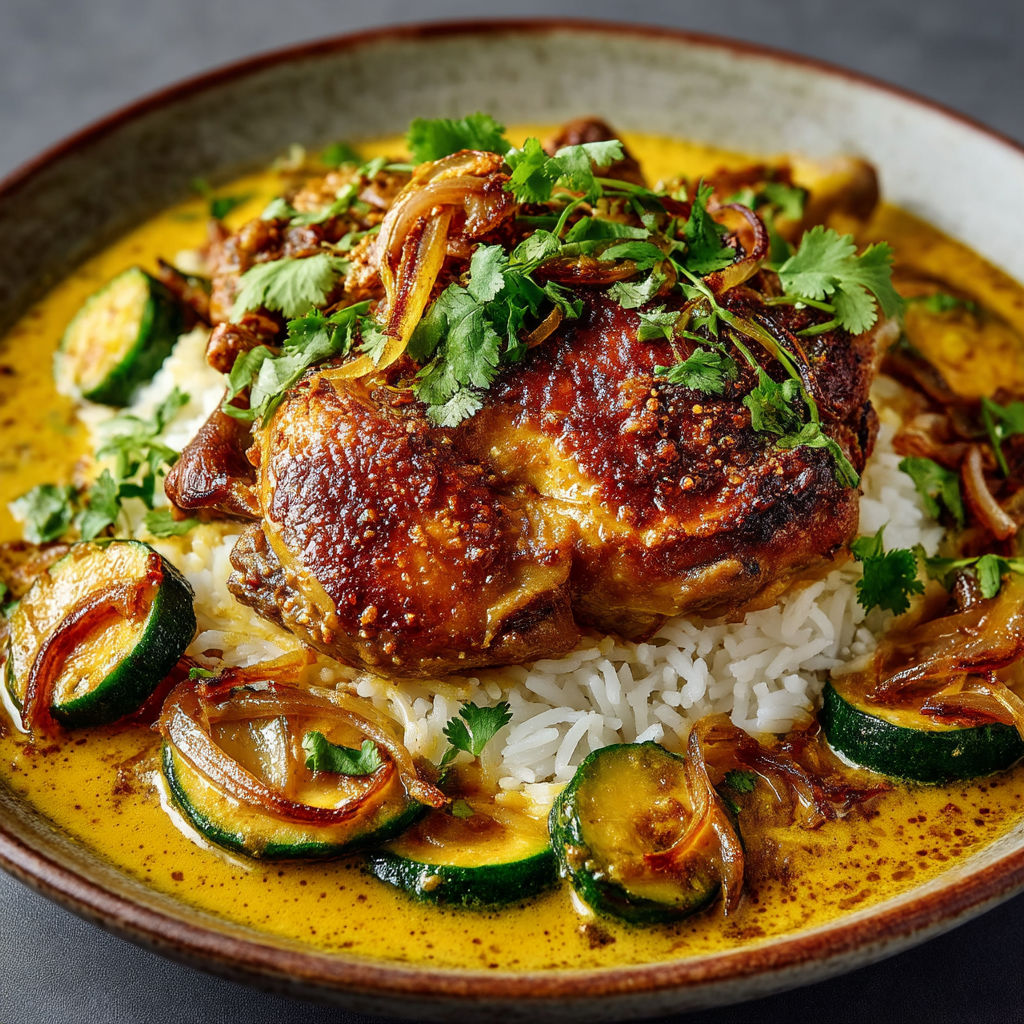 A plate of food with rice, chicken, and vegetables.