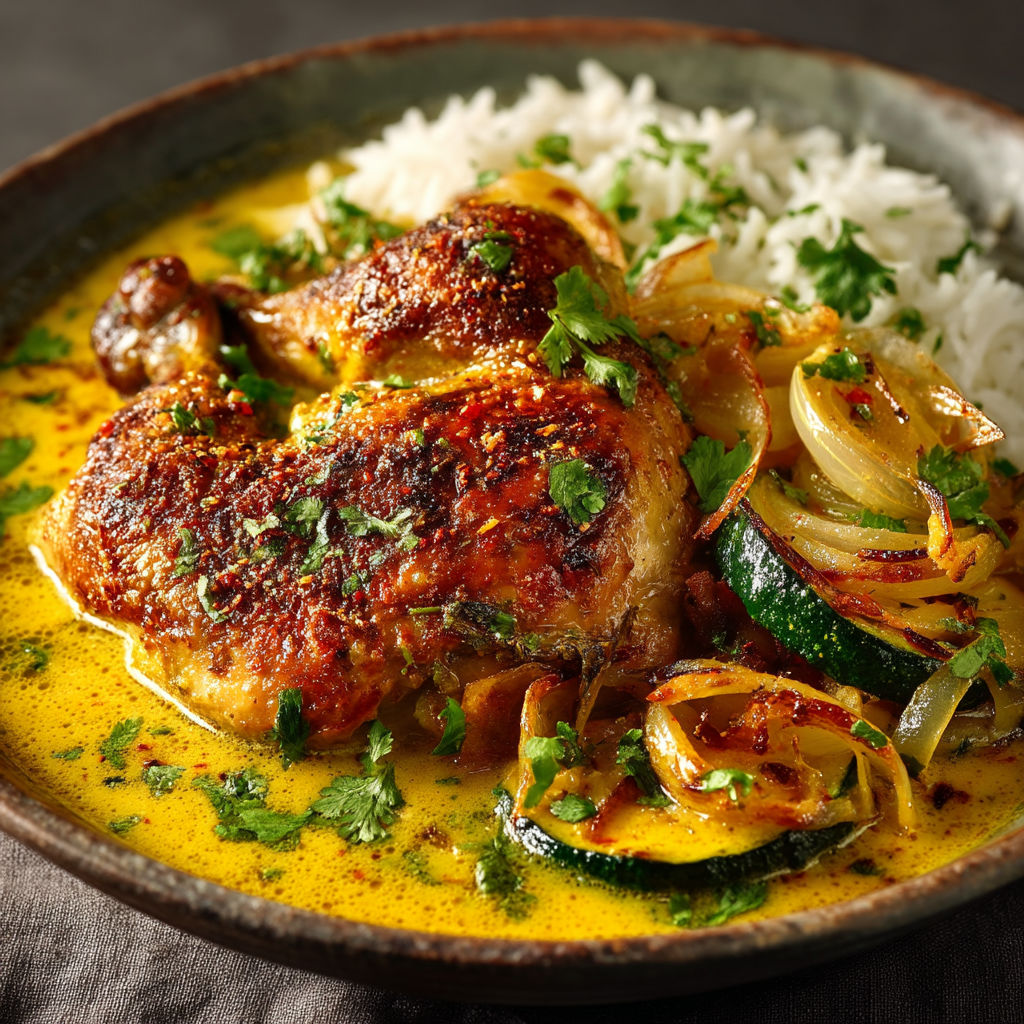 A plate of food with rice and chicken.