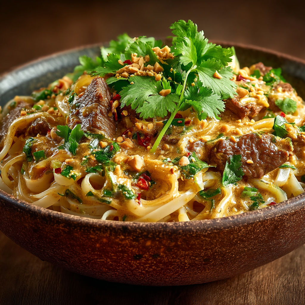 A bowl of food with a green garnish.