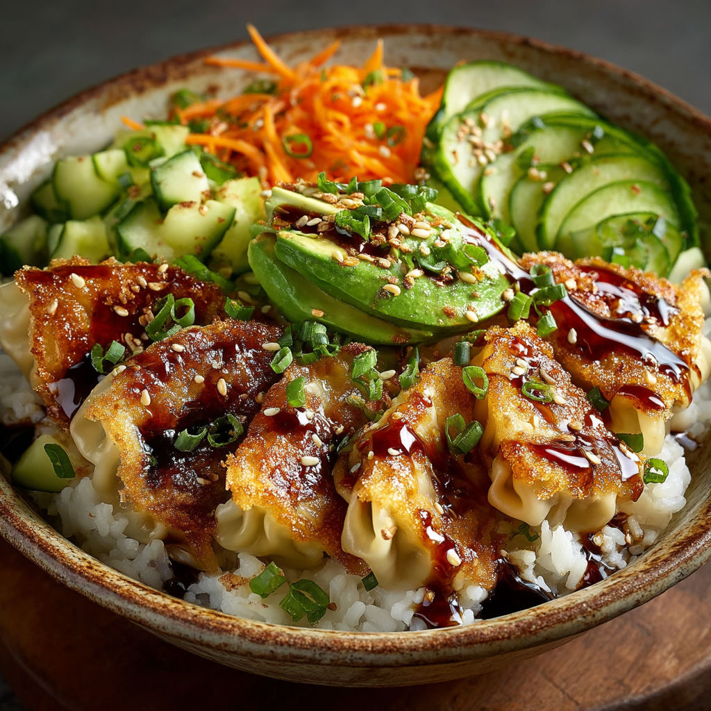 A bowl of food with a variety of ingredients including carrots, cucumbers, and noodles.