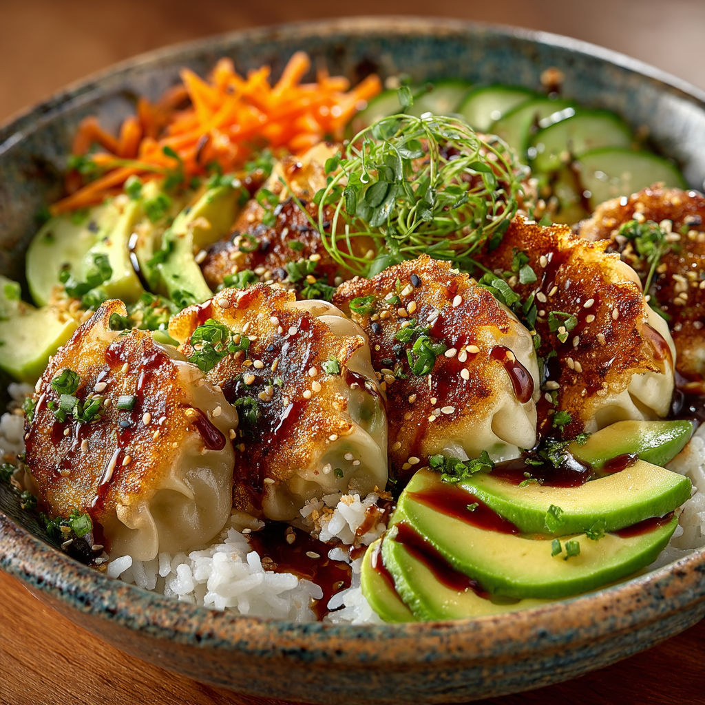 A bowl of food with rice, vegetables, and meat.