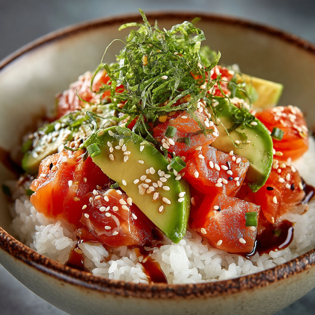 A bowl of food with rice, salmon, and avocado.