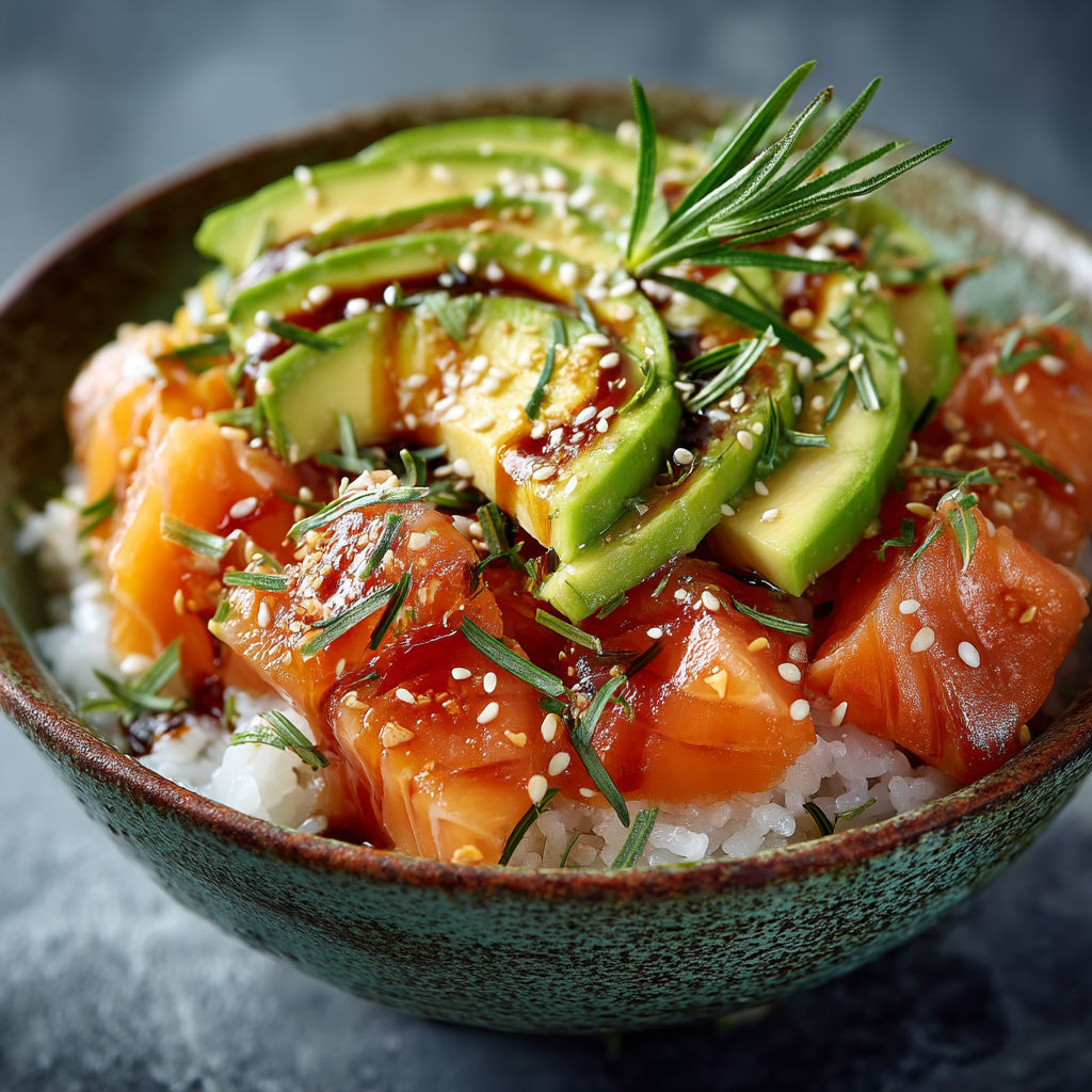 A bowl of sushi with avocado and salmon.