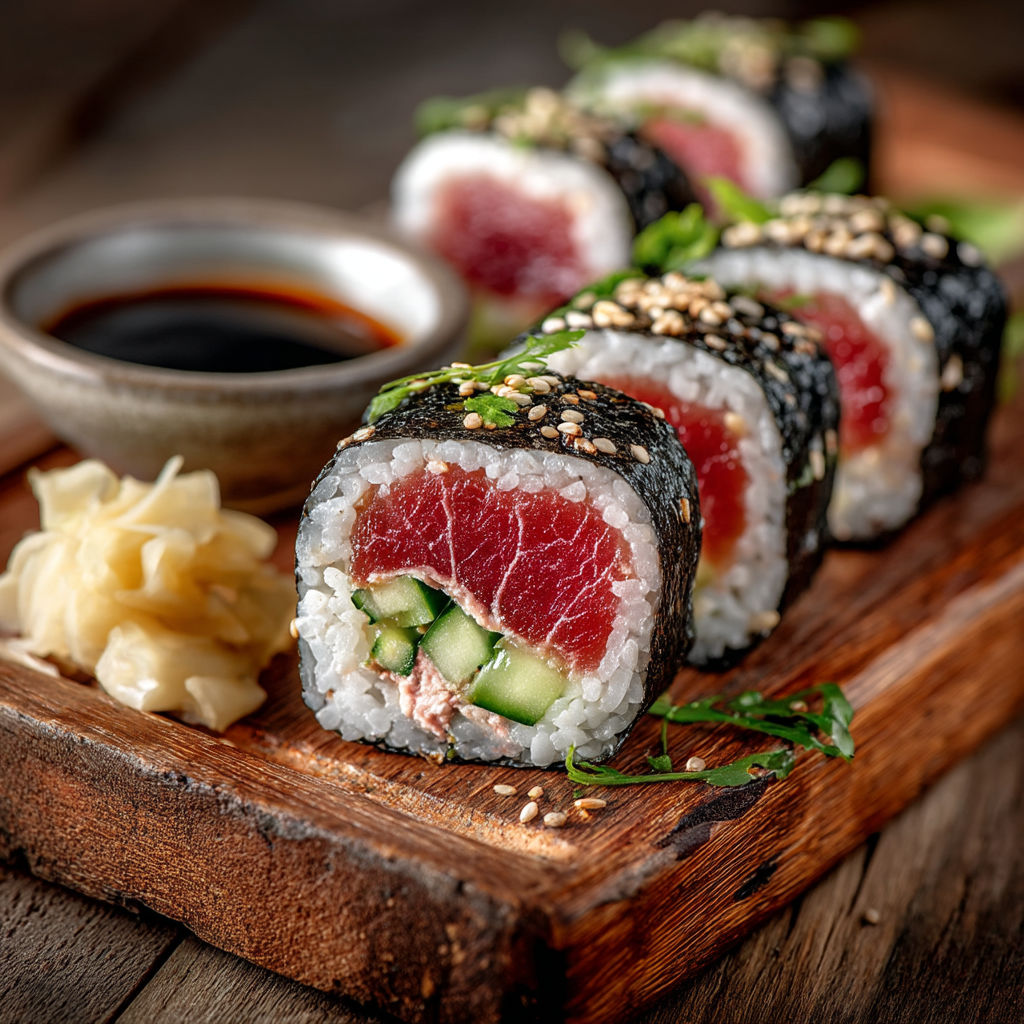 A plate of sushi with cucumber and wasabi.