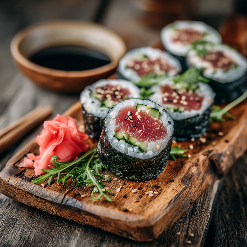 A wooden tray with sushi rolls and a bowl of soy sauce.