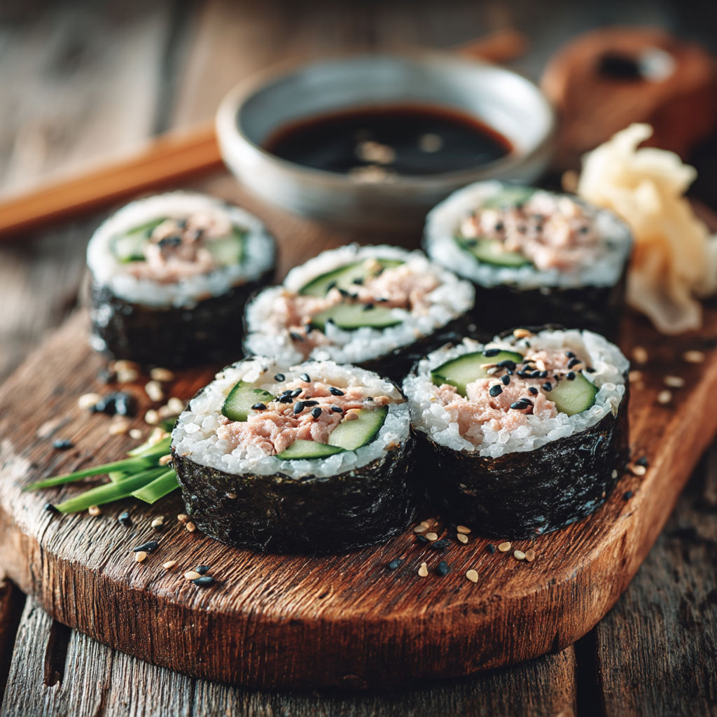 A plate of sushi with rice and vegetables.