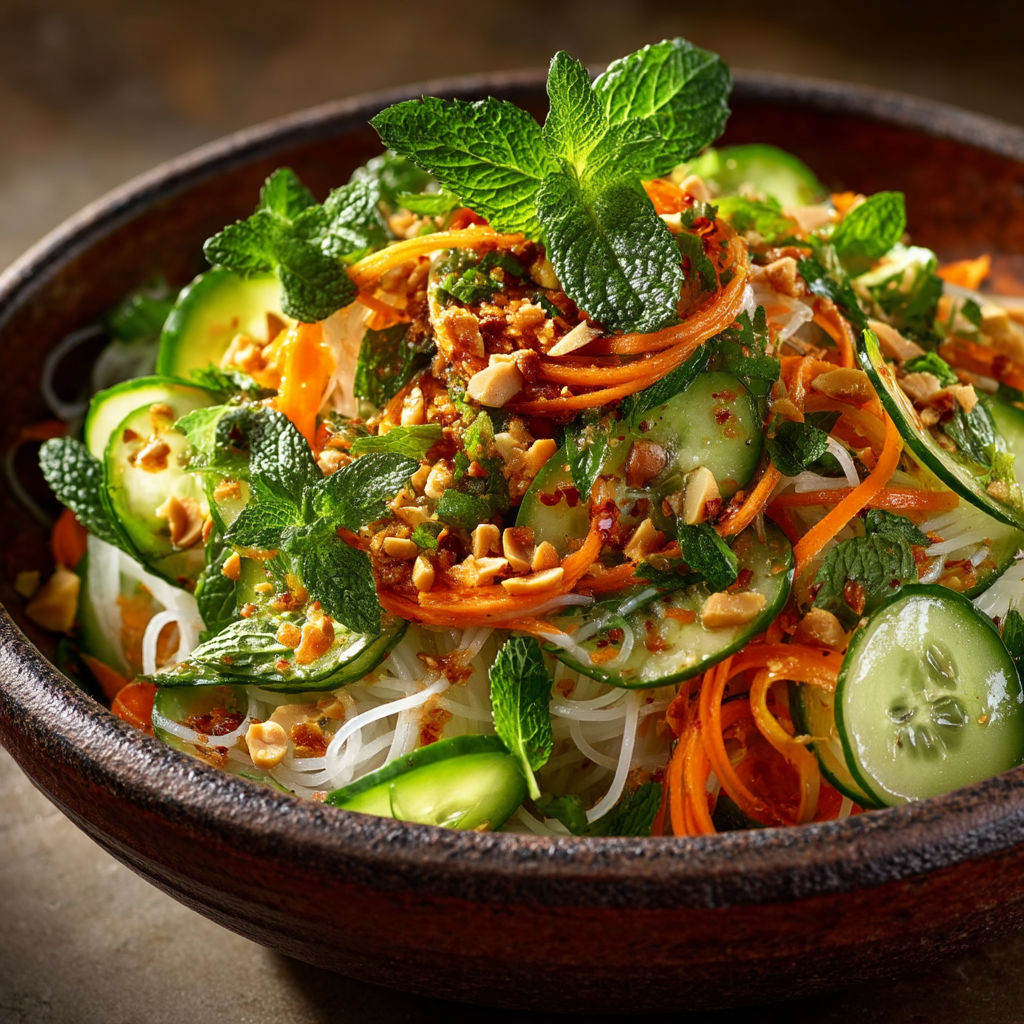 A bowl of vegetables with a cucumber on top.