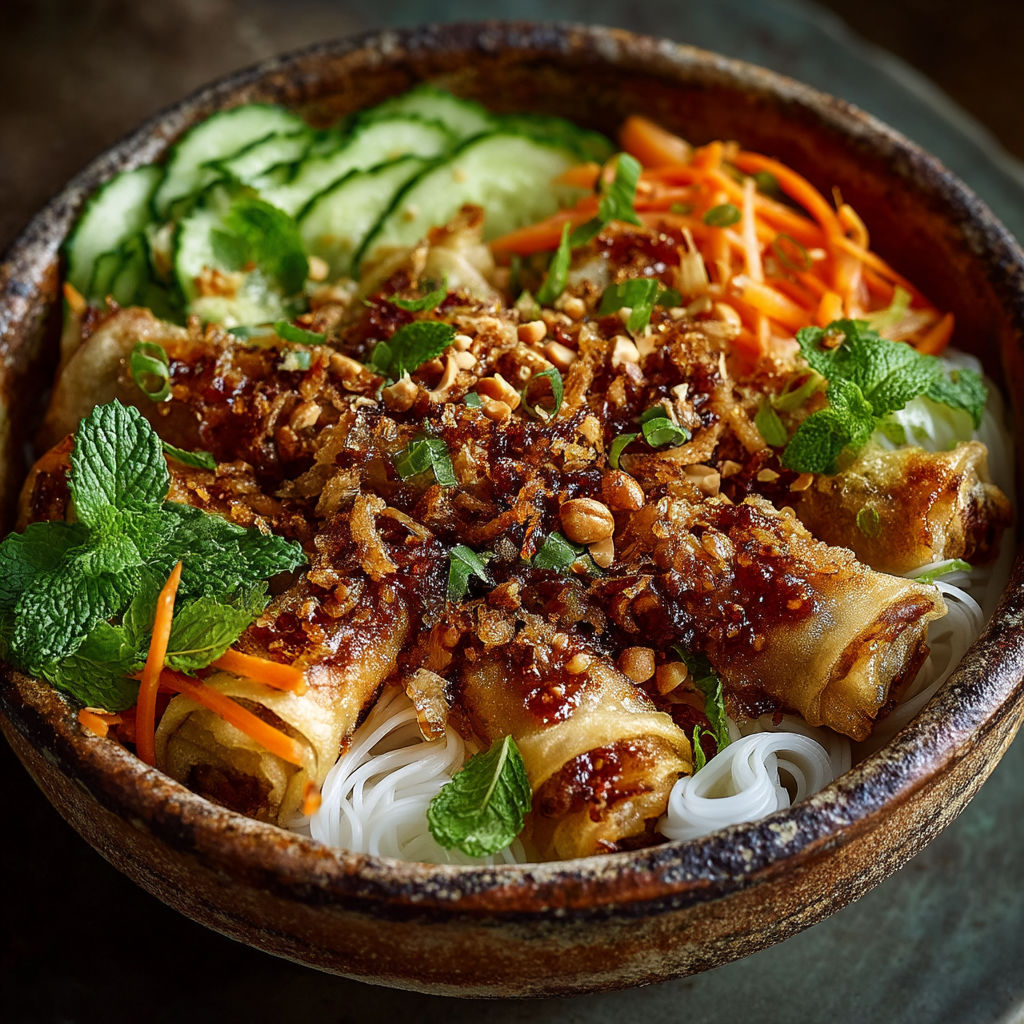 A bowl of food with carrots and cucumbers.