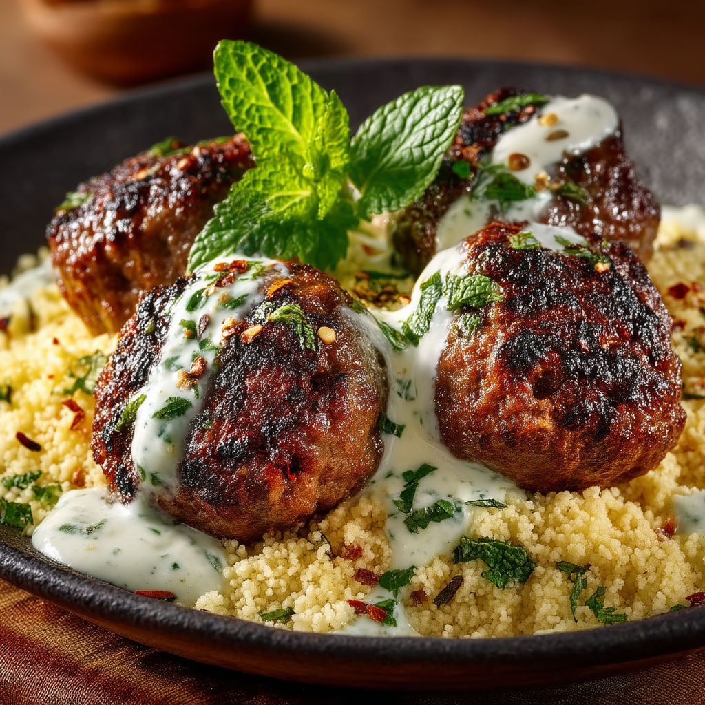 A plate of meatballs covered in sauce and mint.