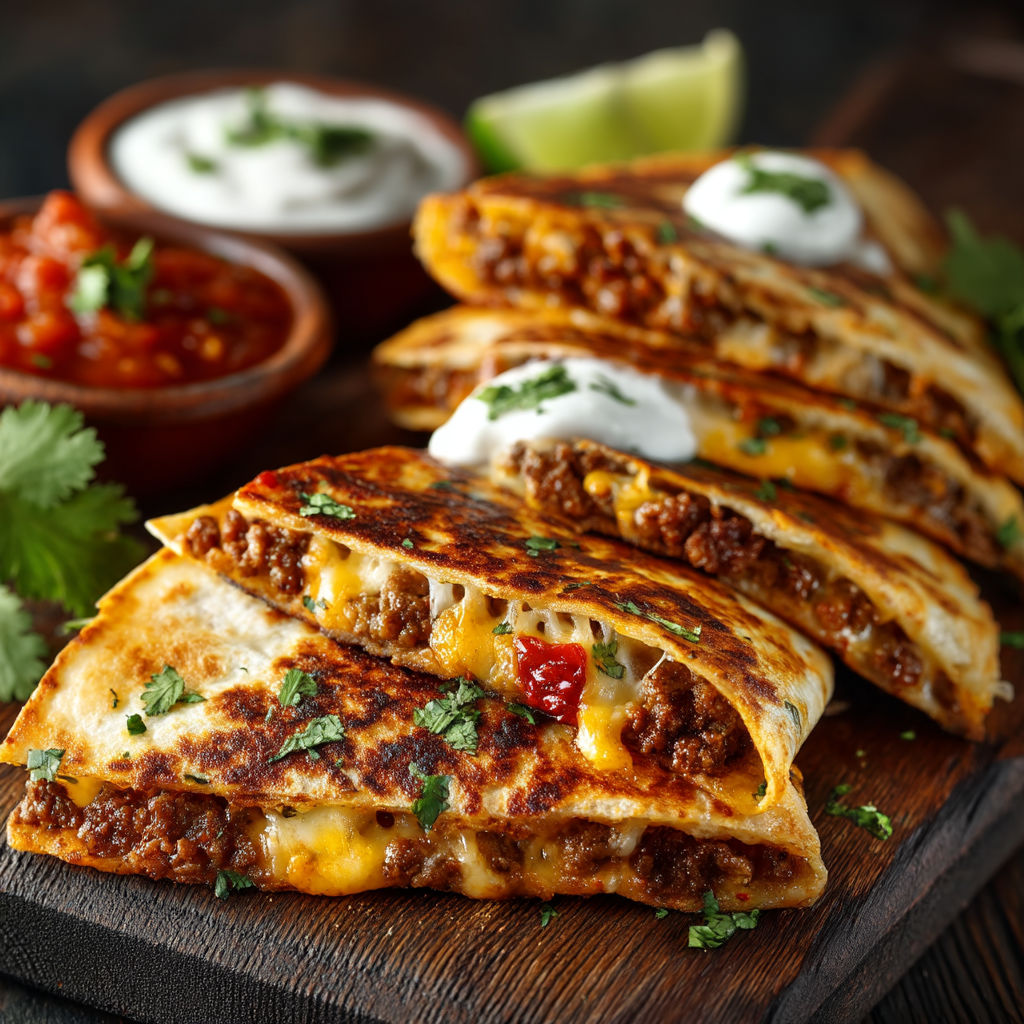 A plate of quesadillas with cheese and meat.