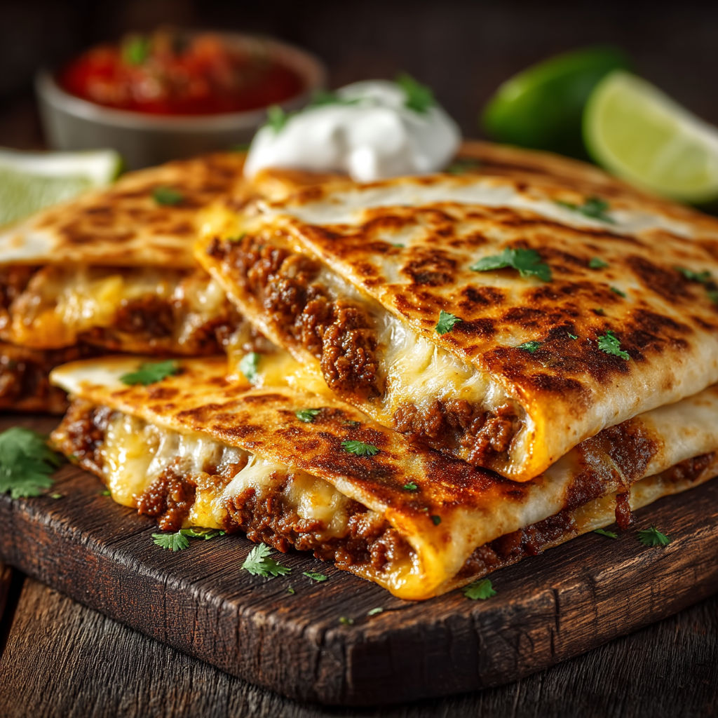 A stack of quesadillas with sour cream and guacamole.