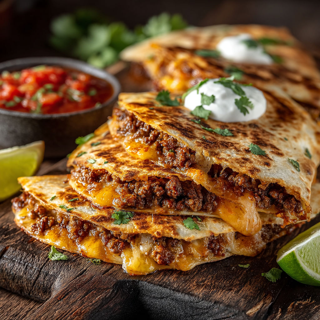A stack of burritos with white cheese and salsa.