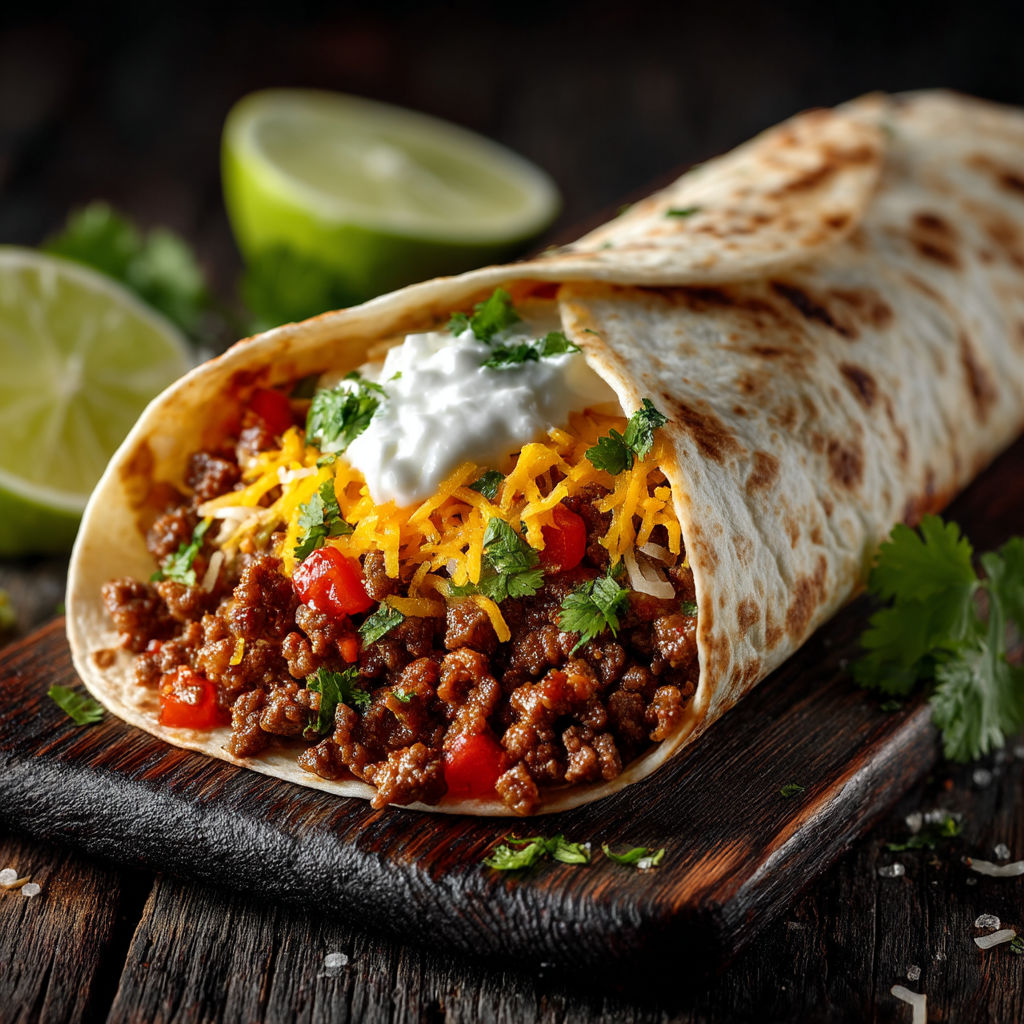 A fajita with meat and cheese.