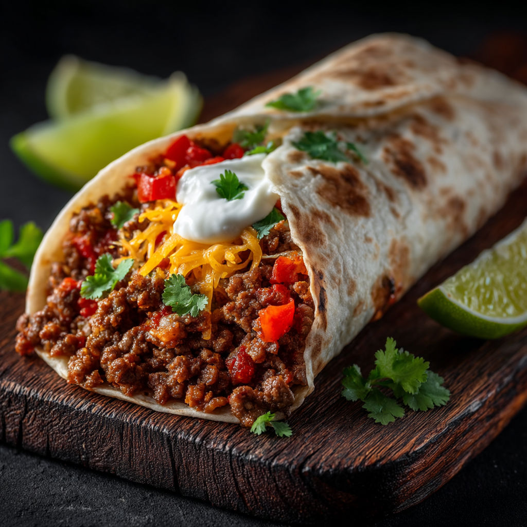 A burrito with white cheese and red peppers.