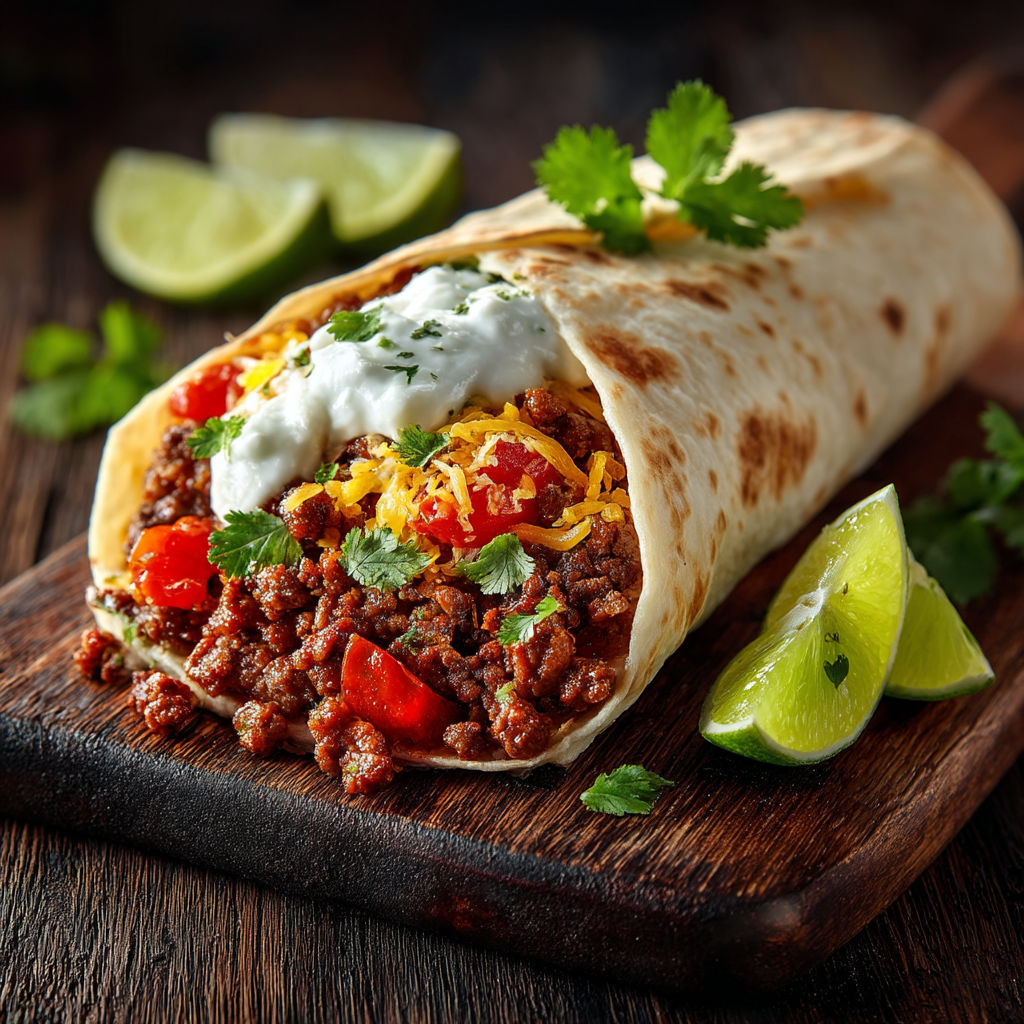 A burrito with meat and cheese.