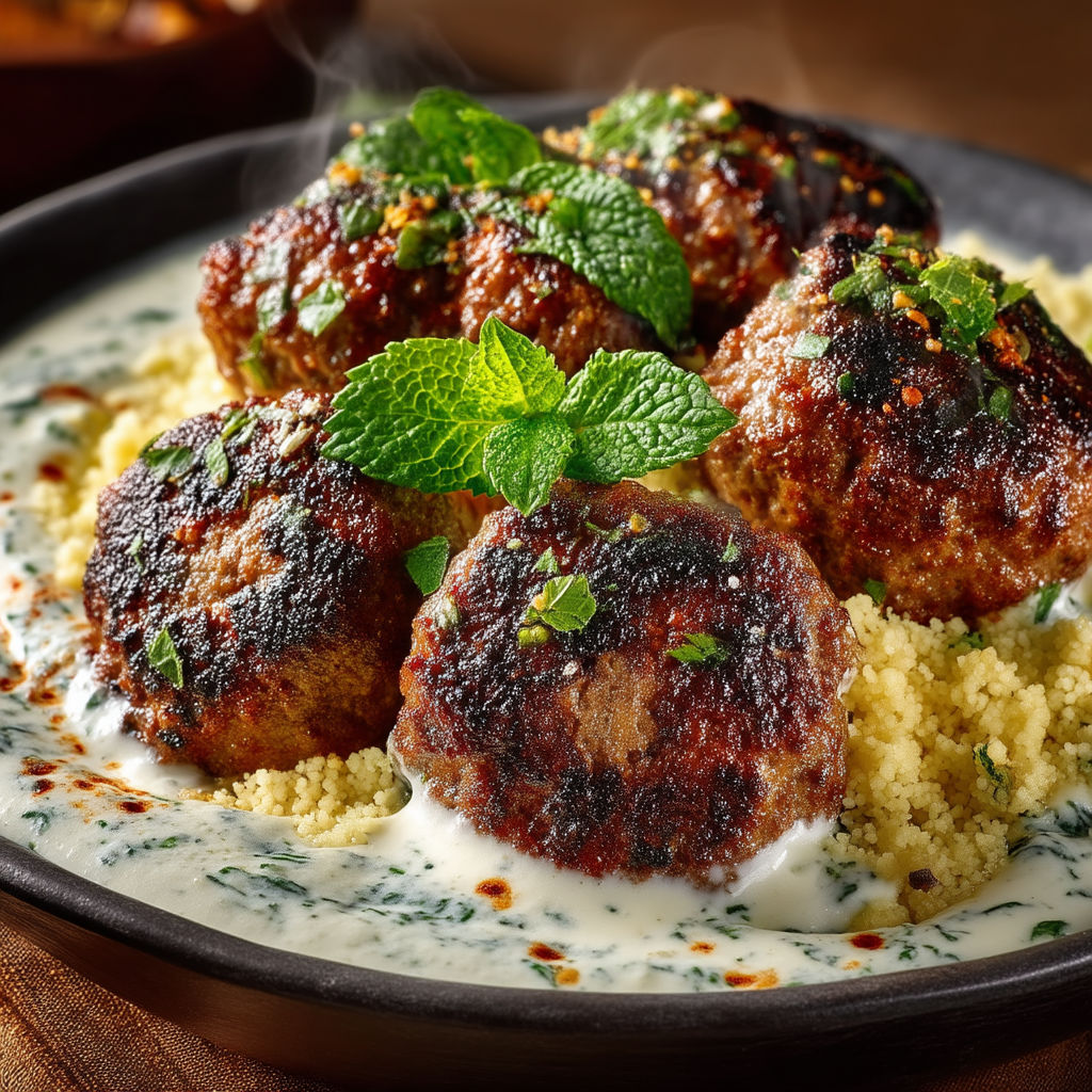 A plate of meatballs with mint leaves on top.