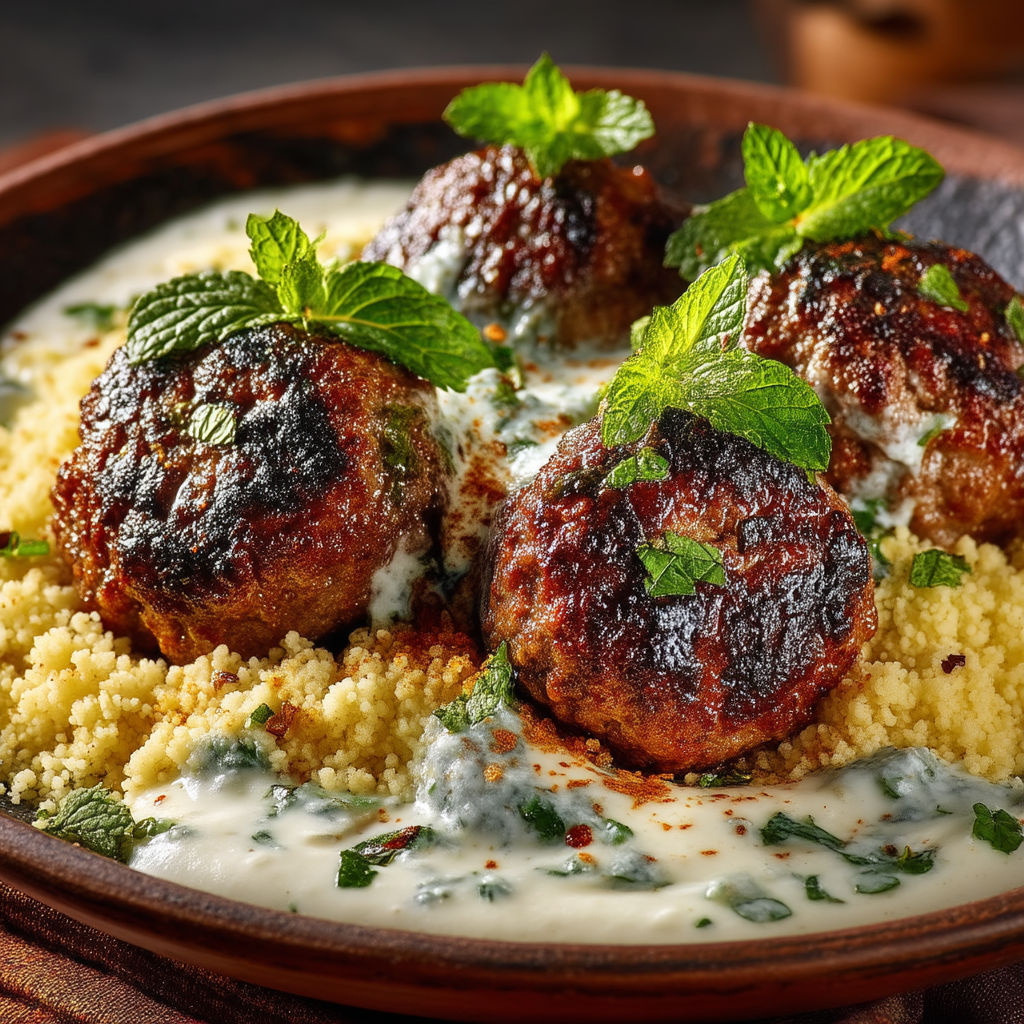 A bowl of food with meatballs and mint.