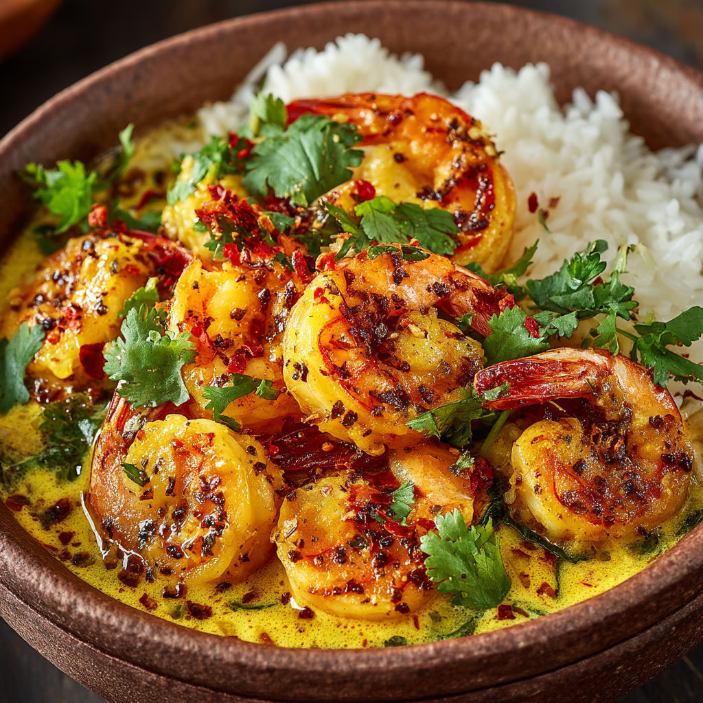 A bowl of shrimp in a yellow sauce.