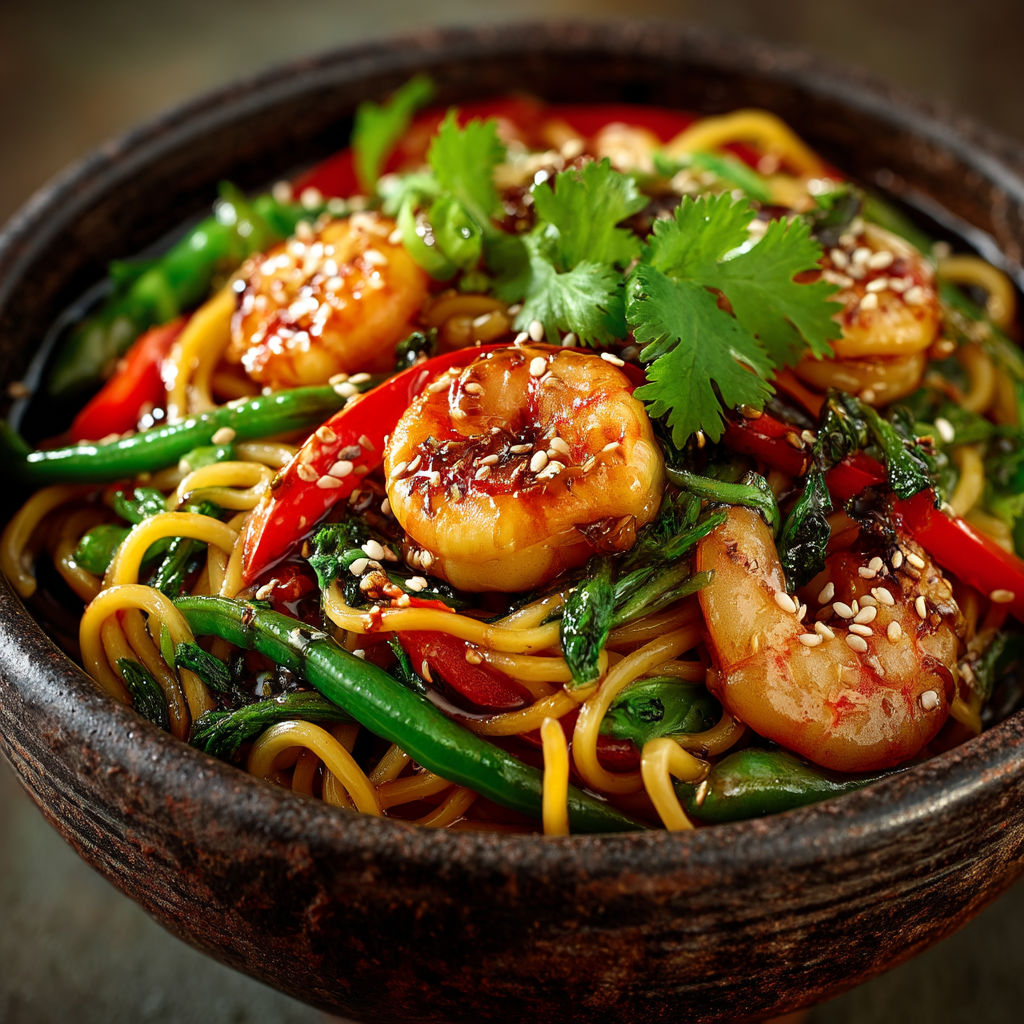 A bowl of noodles with shrimp and vegetables.