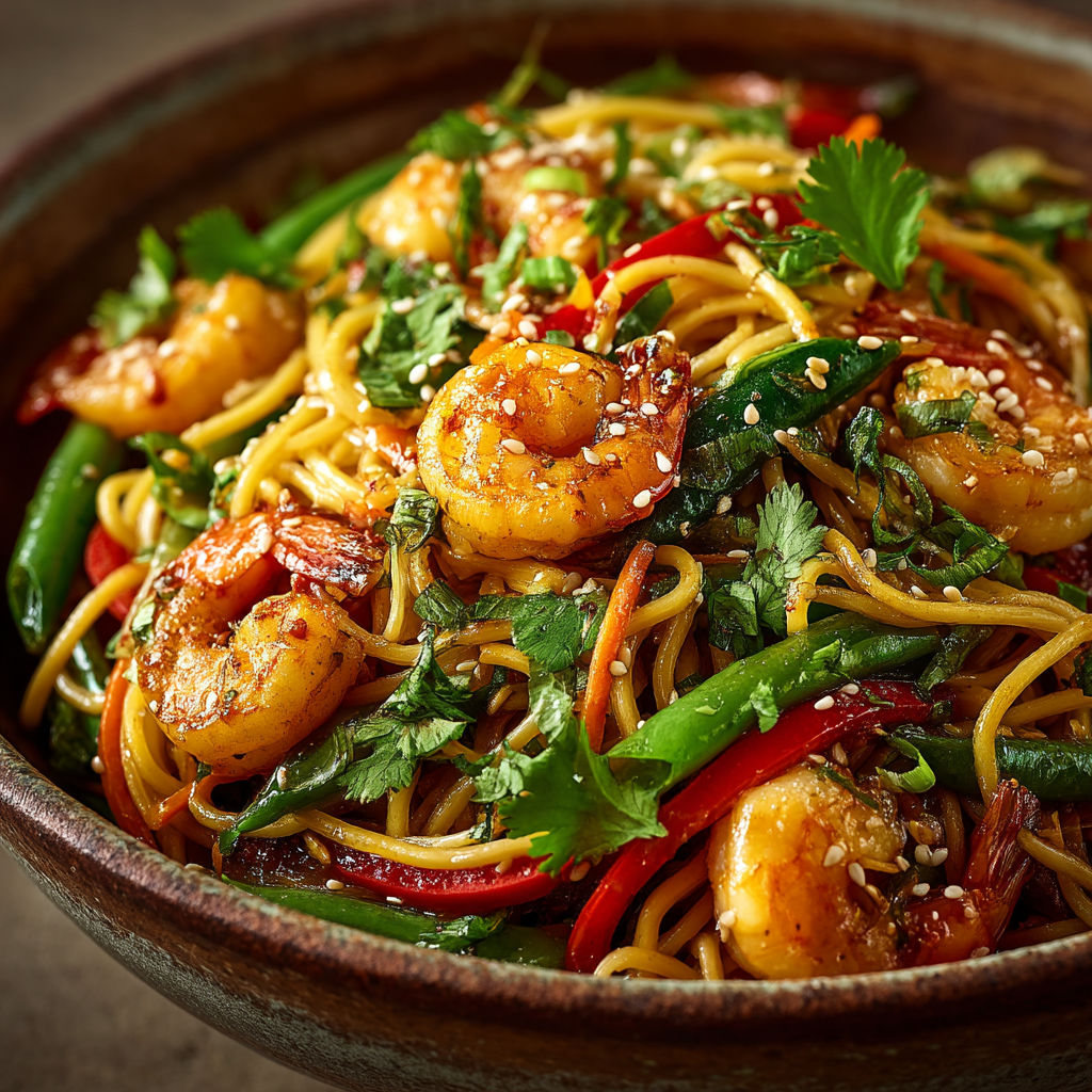A bowl of shrimp and vegetables.