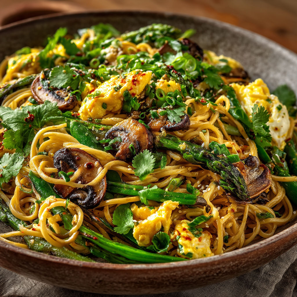 A bowl of noodles with mushrooms, spinach, and eggs.
