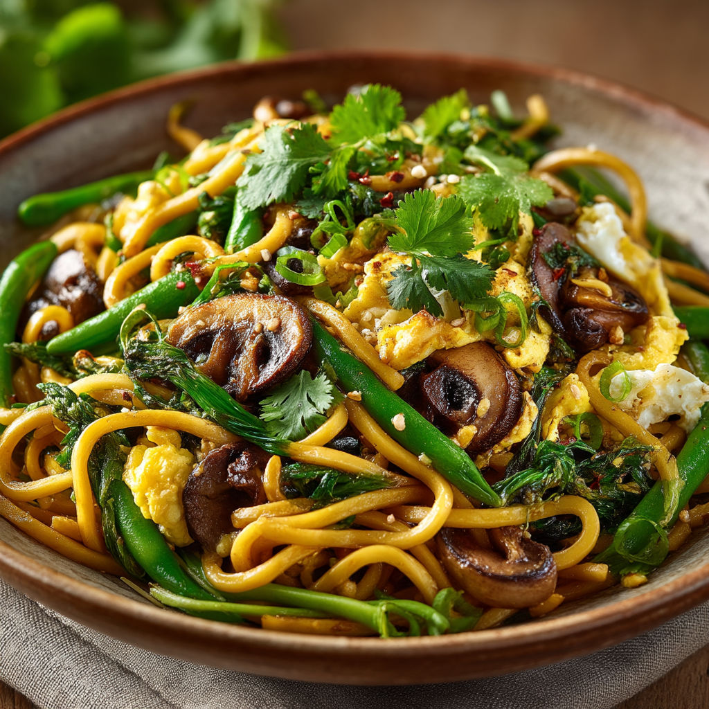 A bowl of noodles with mushrooms, green onions, and eggs.