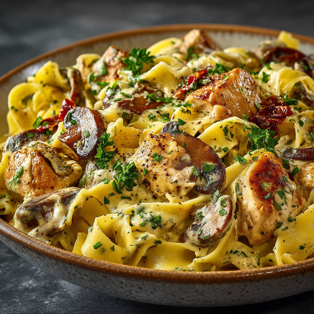 A plate of pasta with meat and mushrooms.