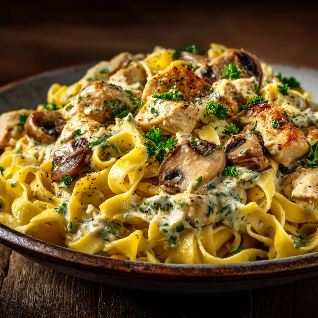 A plate of pasta with chicken and mushrooms.