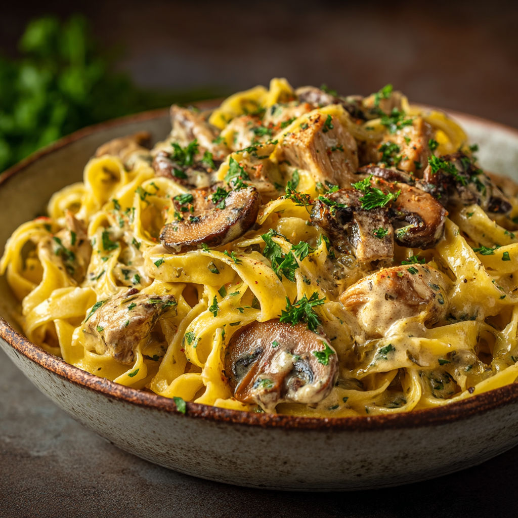 A bowl of pasta with mushrooms and chicken.