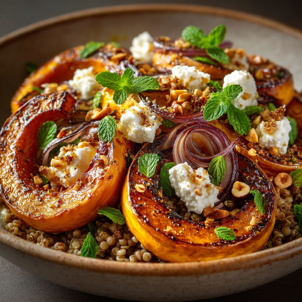 A bowl of food with a slice of potimarron and feta cheese.