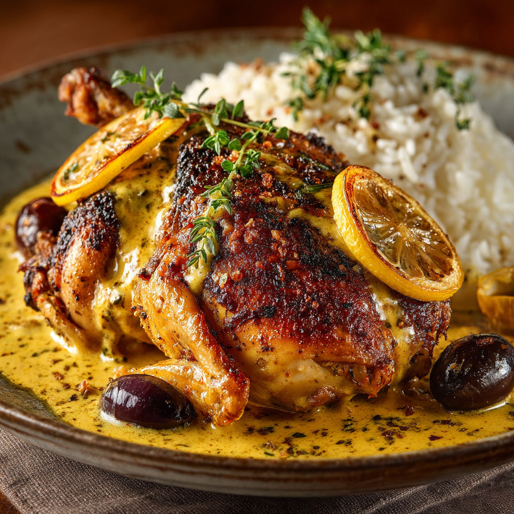 A plate of food with rice and a chicken dish.